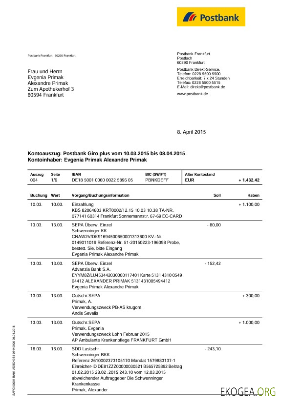 Relevé bancaire de la Postbank allemande, 6 pages